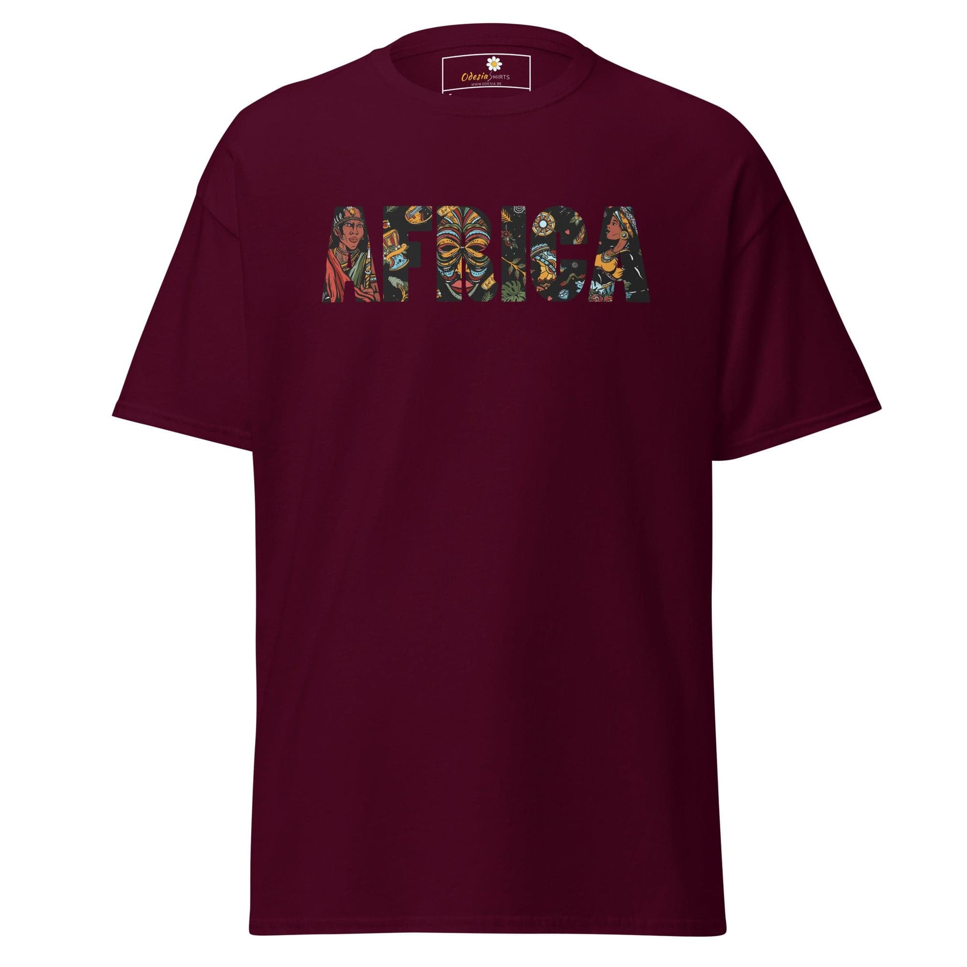 Maroon T-shirt with AFRICA graphic, suitable for men and women, available in sizes S to XL