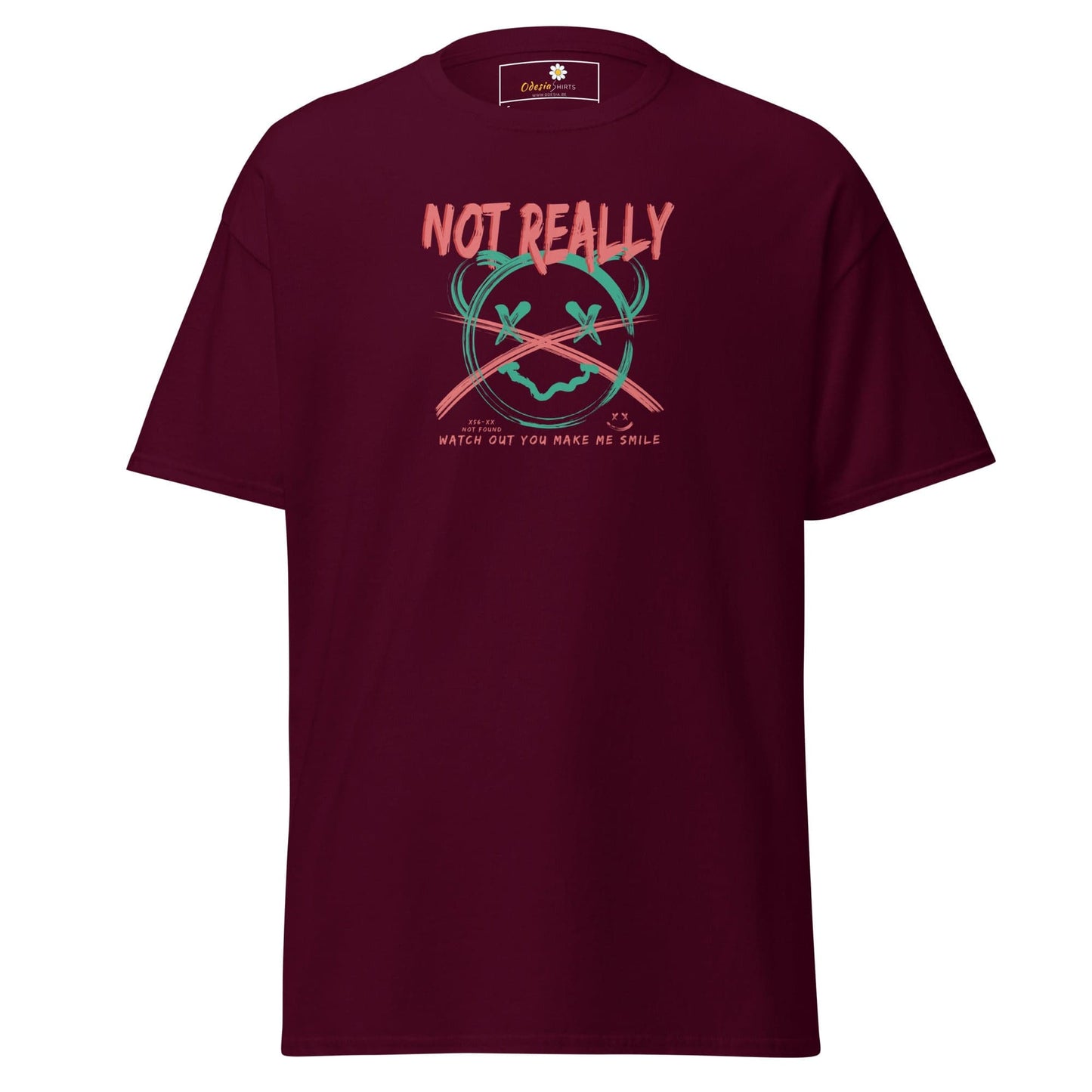 Maroon T-shirt with graphic design for men and women available in sizes S to XL