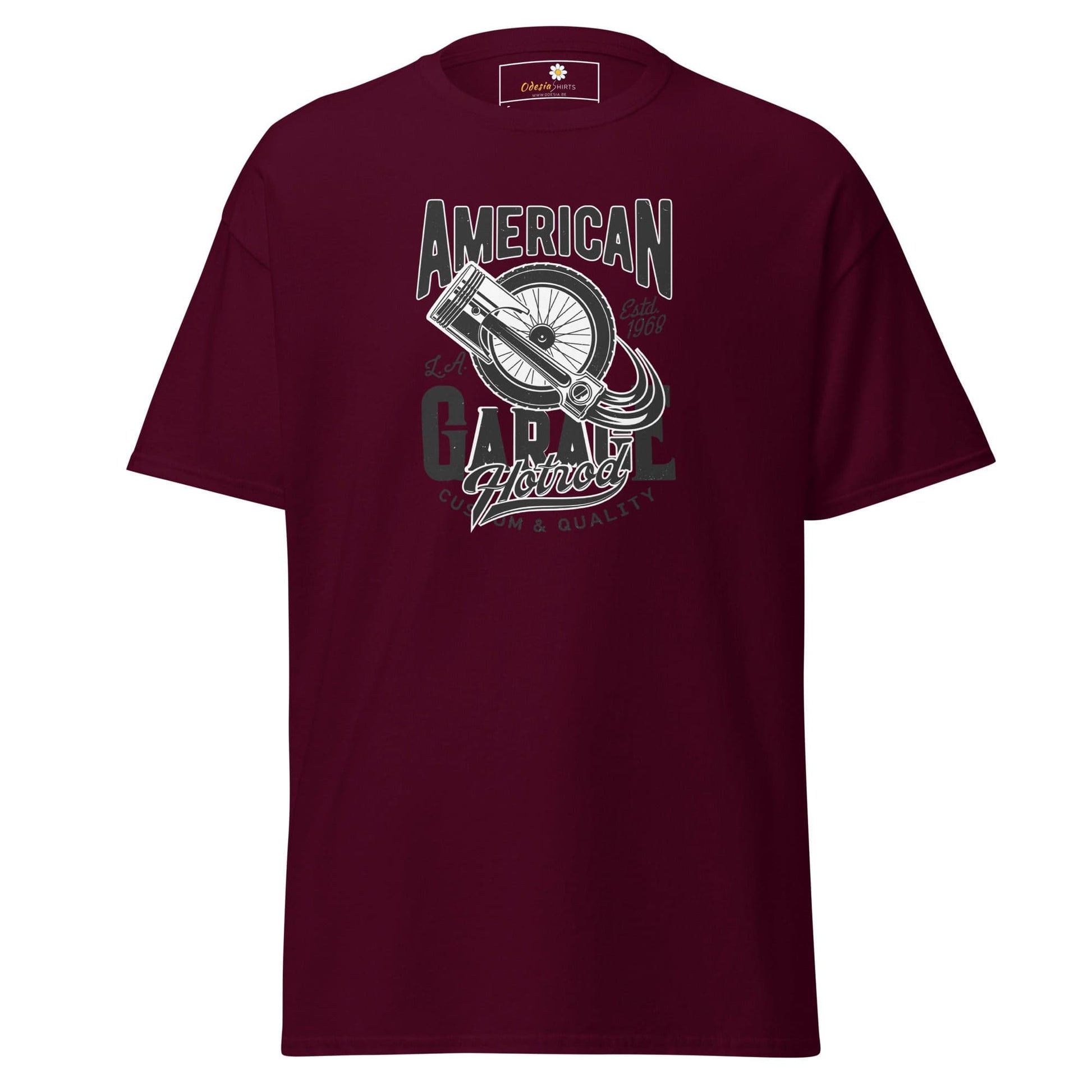 Maroon T-shirt with graphic design, suitable for men and women, available in sizes S to XL