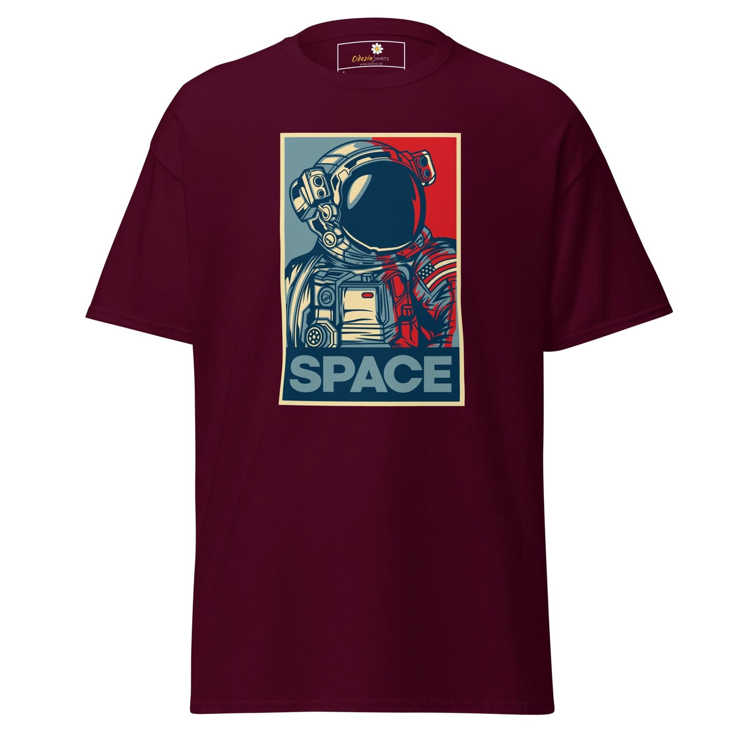 Maroon T-shirt featuring an astronaut graphic, suitable for men and women sizes S to XL