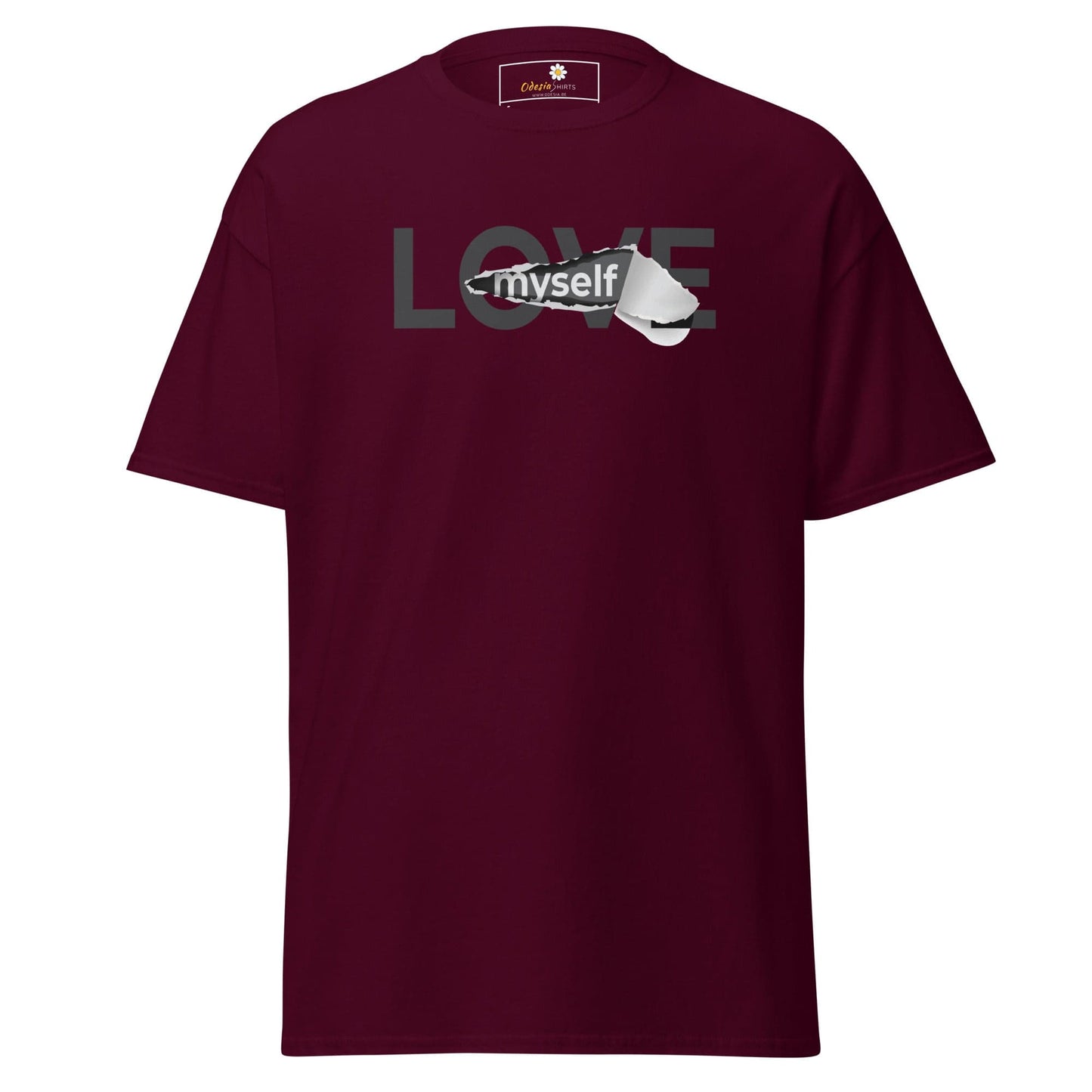 Maroon T-shirt featuring Love Myself graphic from T-SHIRT DESIGN TEE for Men and Women