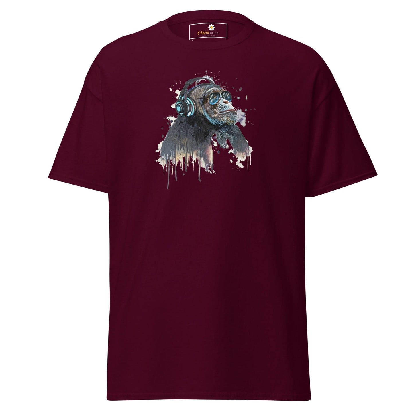 Maroon T-shirt with playful monkey graphic available in S to XL for men and women