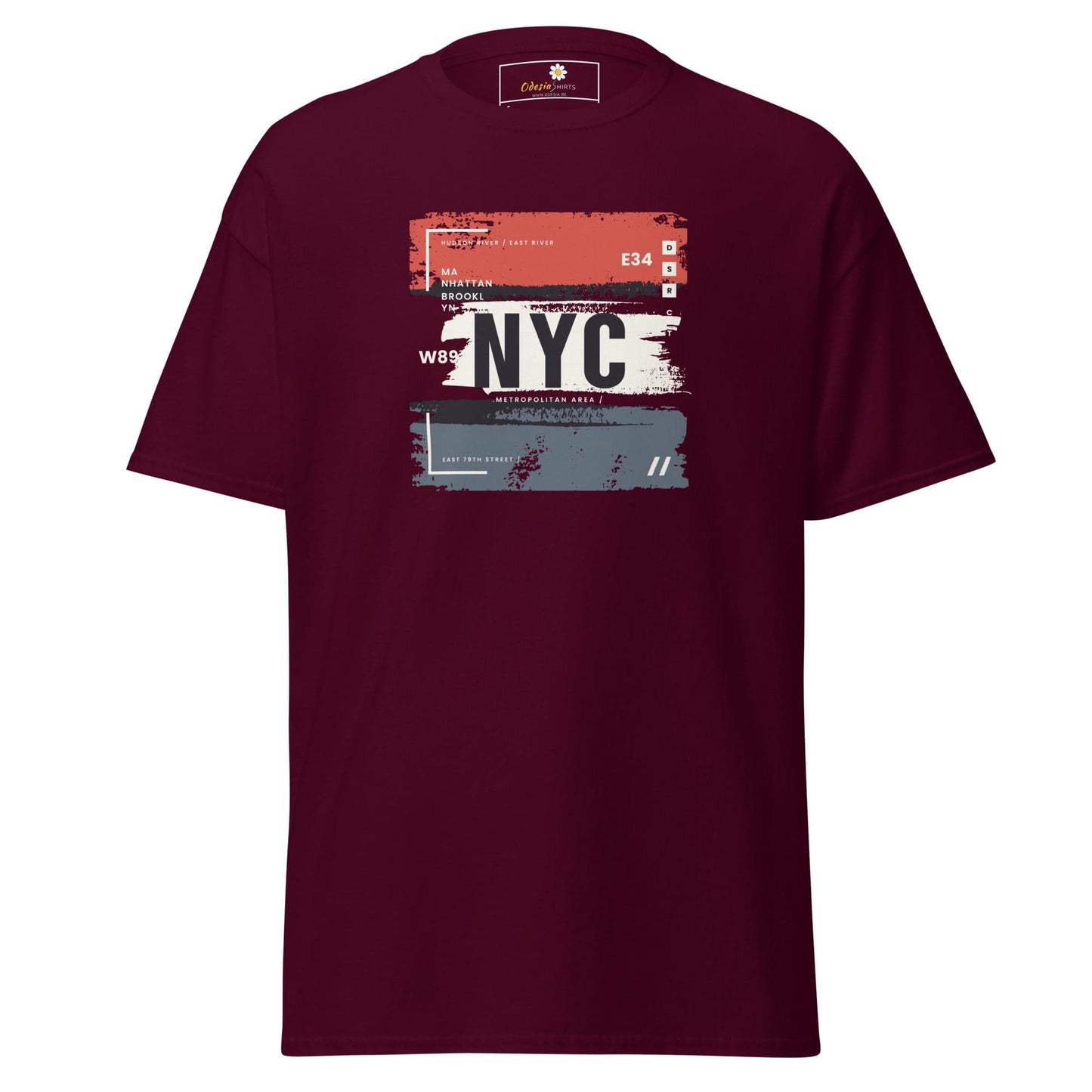 Maroon T-shirt featuring New York City graphic, suitable for men and women, sizes S to XL