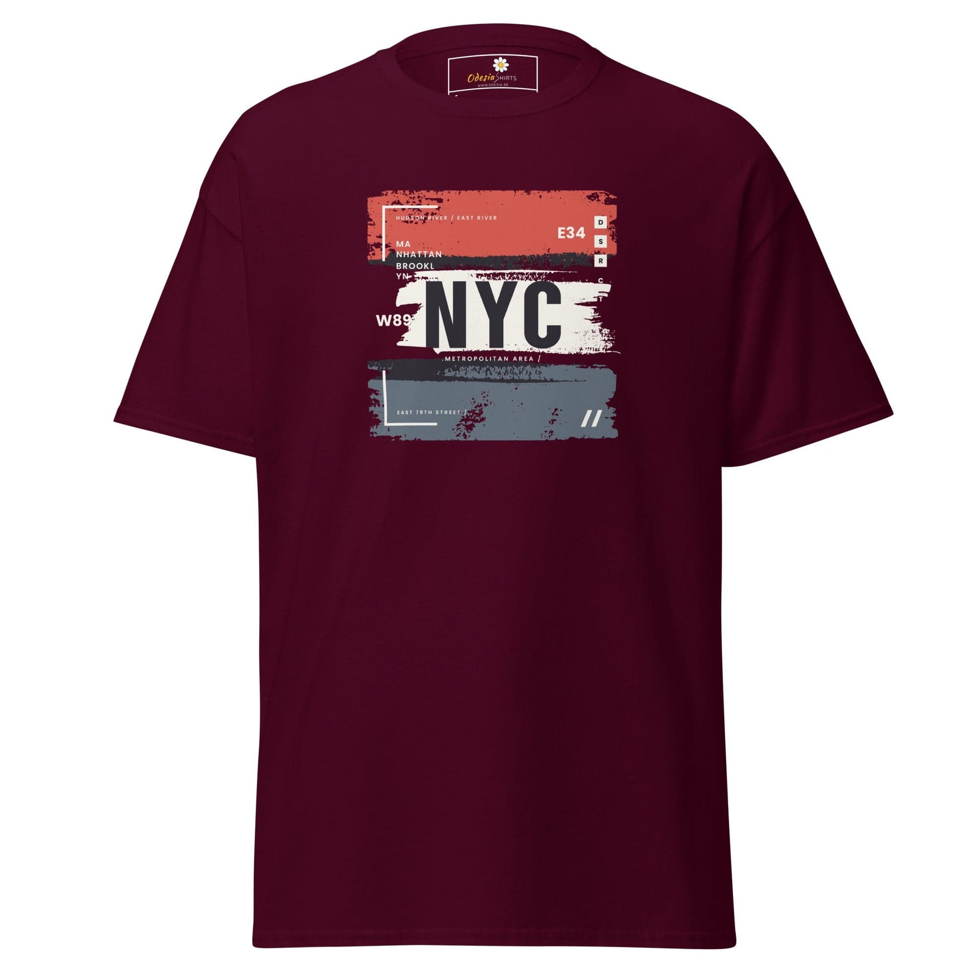Maroon T-shirt featuring New York City graphic, suitable for men and women, sizes S to XL