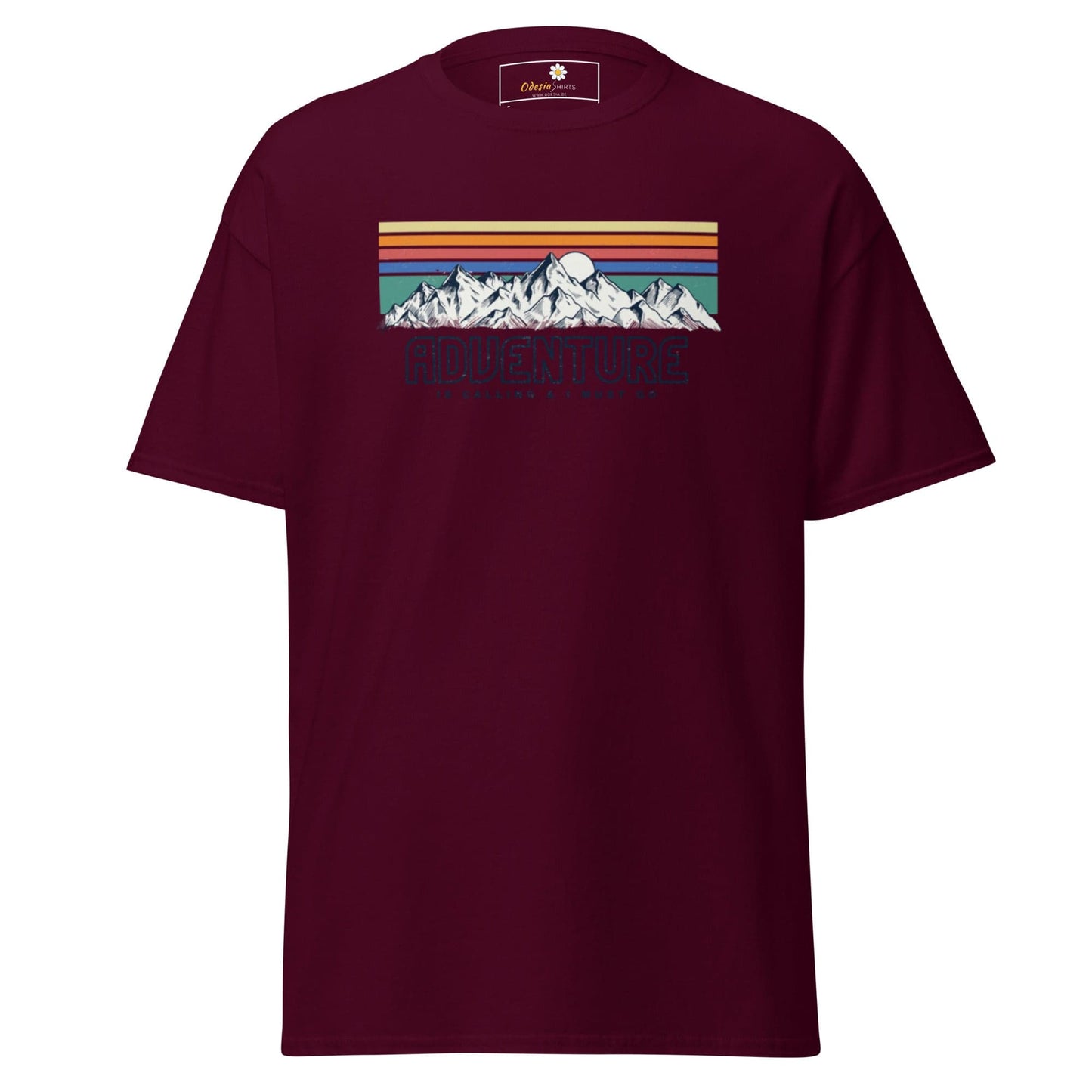 Maroon T-shirt with mountain graphic for Men and Women available in sizes S to XL