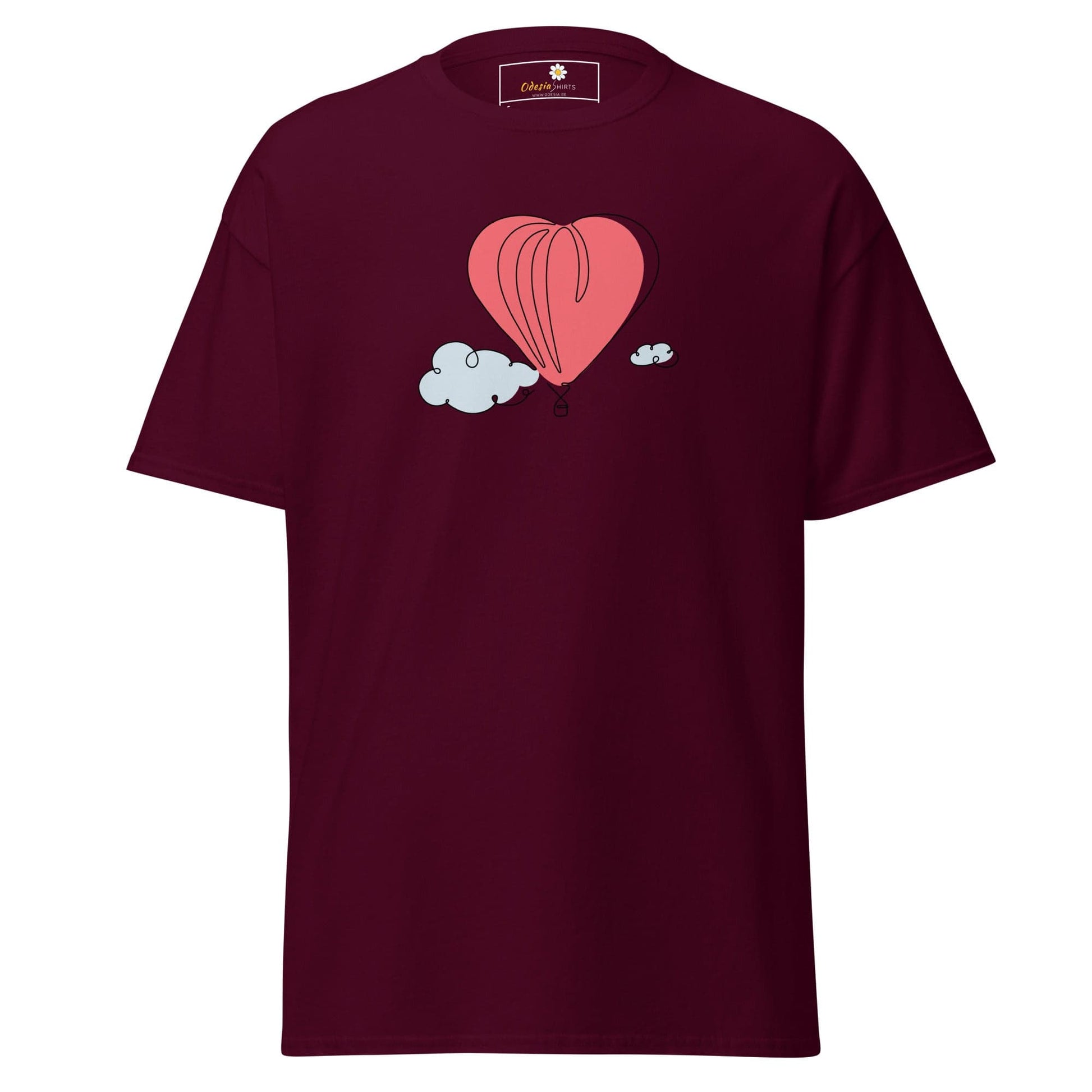 Maroon T-shirt with heart balloon graphic for Men and Women in sizes S to XL