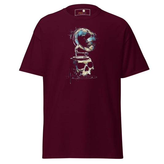 Maroon T-shirt with a skull and gramophone graphic for men and women, sizes S to XL