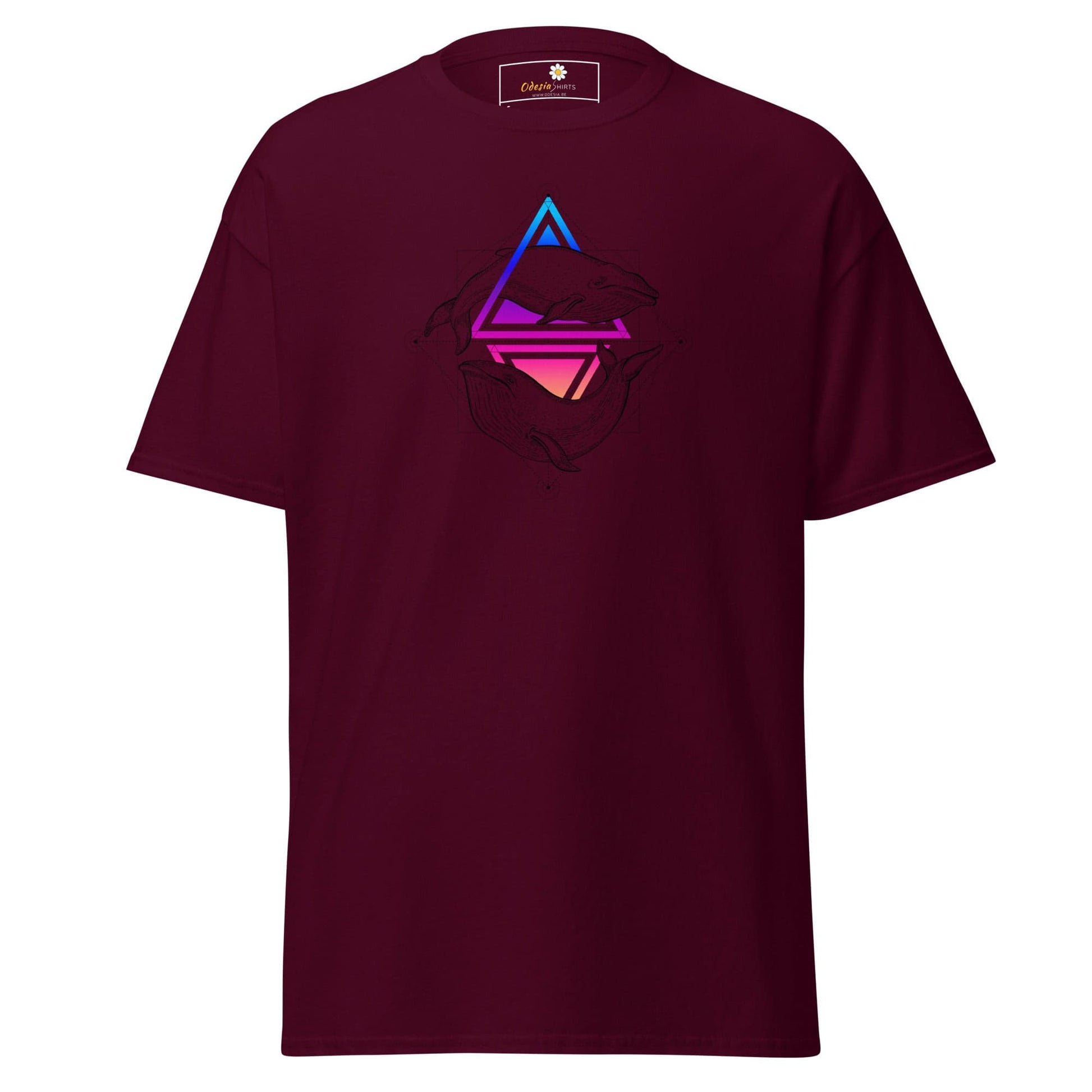 Maroon T-Shirt with colorful geometric design for Men and Women, sizes S to XL