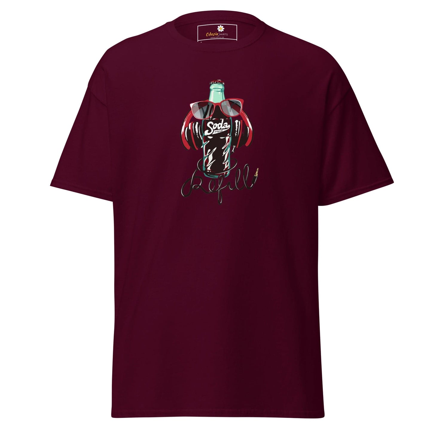 Maroon T-shirt with soda bottle graphic, suitable for men and women, sizes S to XL