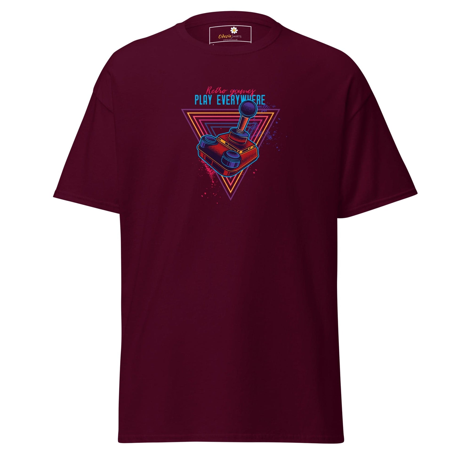 Maroon T-shirt with retro gaming design for men and women in sizes S to XL