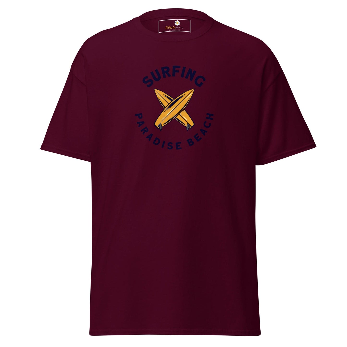 Maroon T-shirt with surfing design ideal for men and women in size S to XL
