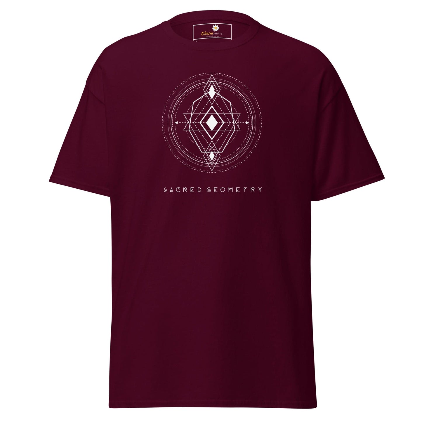 Maroon T-shirt with geometric design for men and women available in sizes S to XL