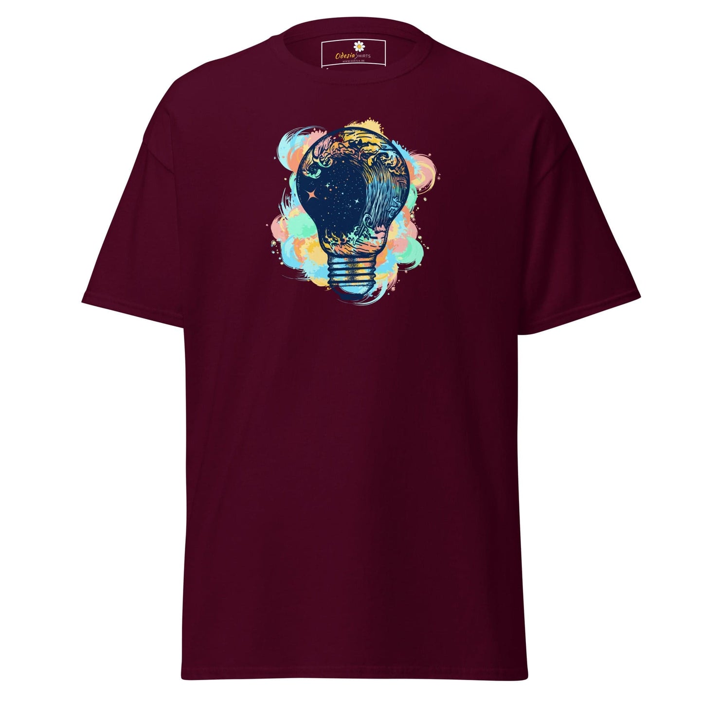 Maroon T-shirt with lightbulb graphic for Men and Women available in sizes S to XL