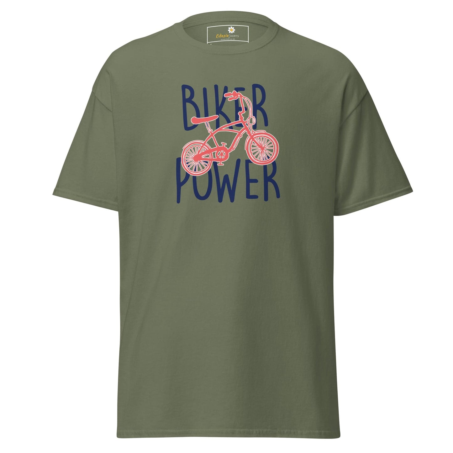 Olive green T-shirt featuring a bicycle graphic from T-SHIRT DESIGN TEE for men and women