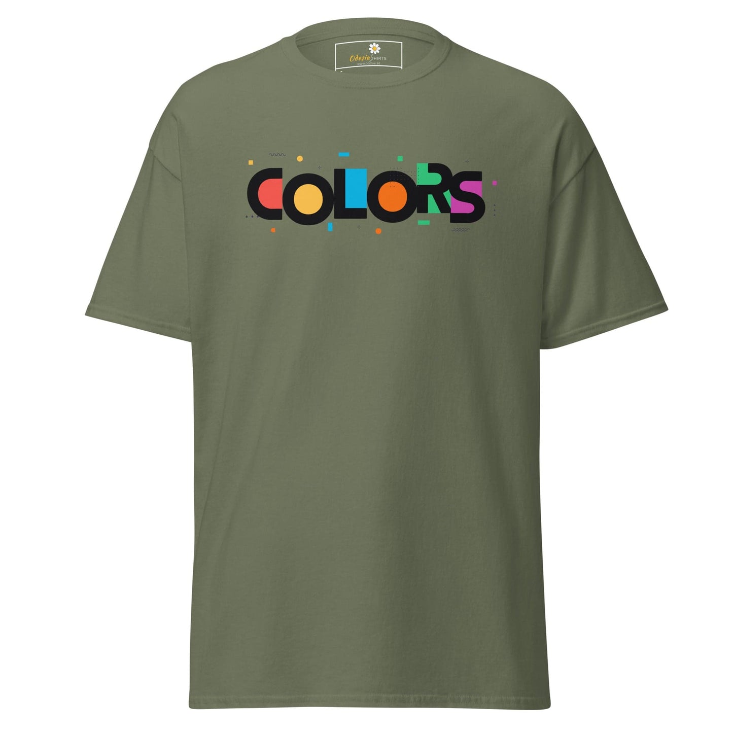 Olive green T-shirt with colorful COLORS text displayed in T-SHIRT DESIGN TEE for men and women