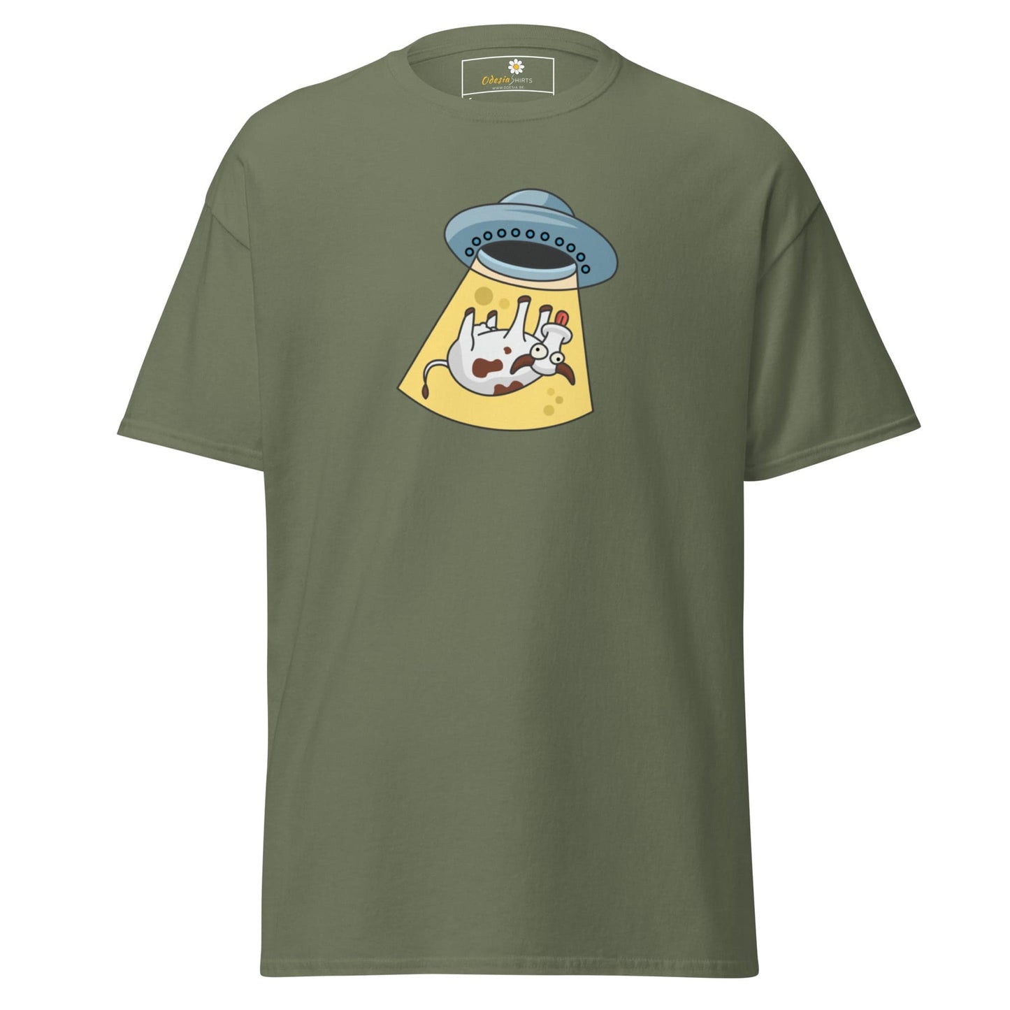 Olive green T-shirt with alien abduction graphic for men and women in sizes S to XL