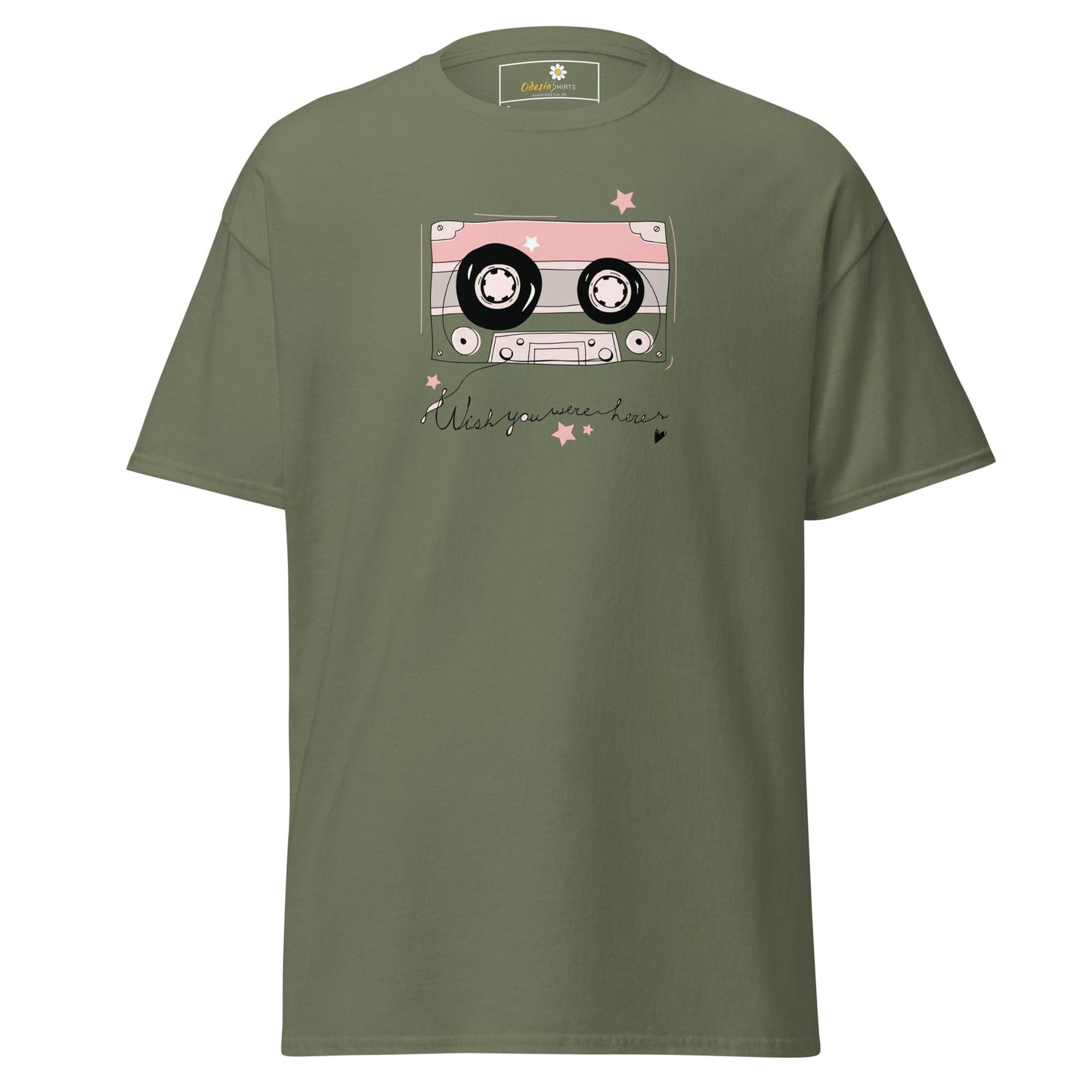 Olive green T-shirt with cassette tape graphic, suitable for men and women sizes S to XL
