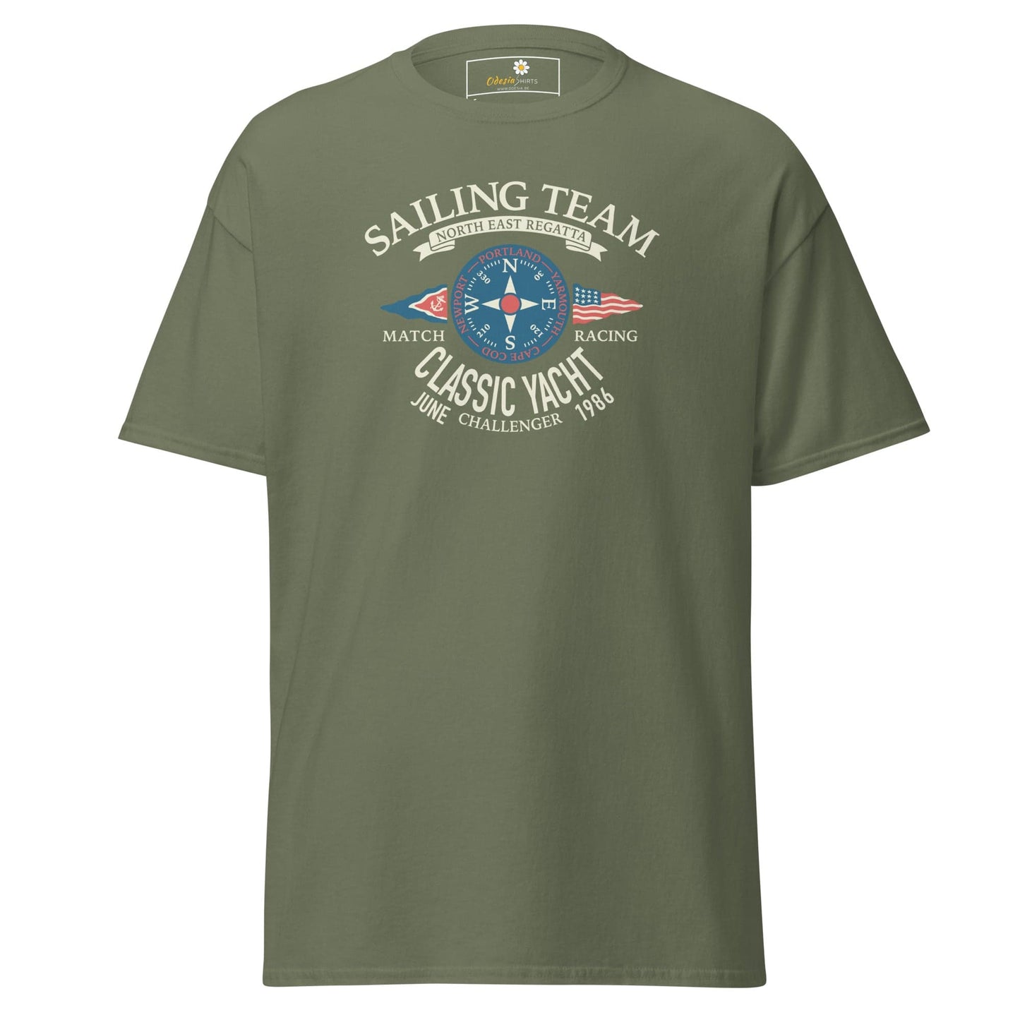 Olive green T-shirt featuring sailing graphic for Men and Women in sizes S to XL