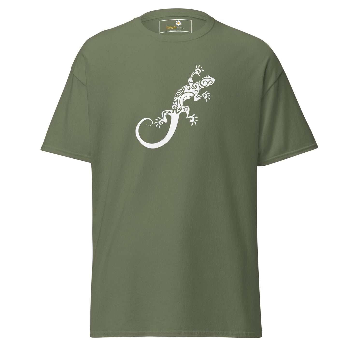 Olive green T-shirt with white lizard graphic for men and women, available in sizes S to XL