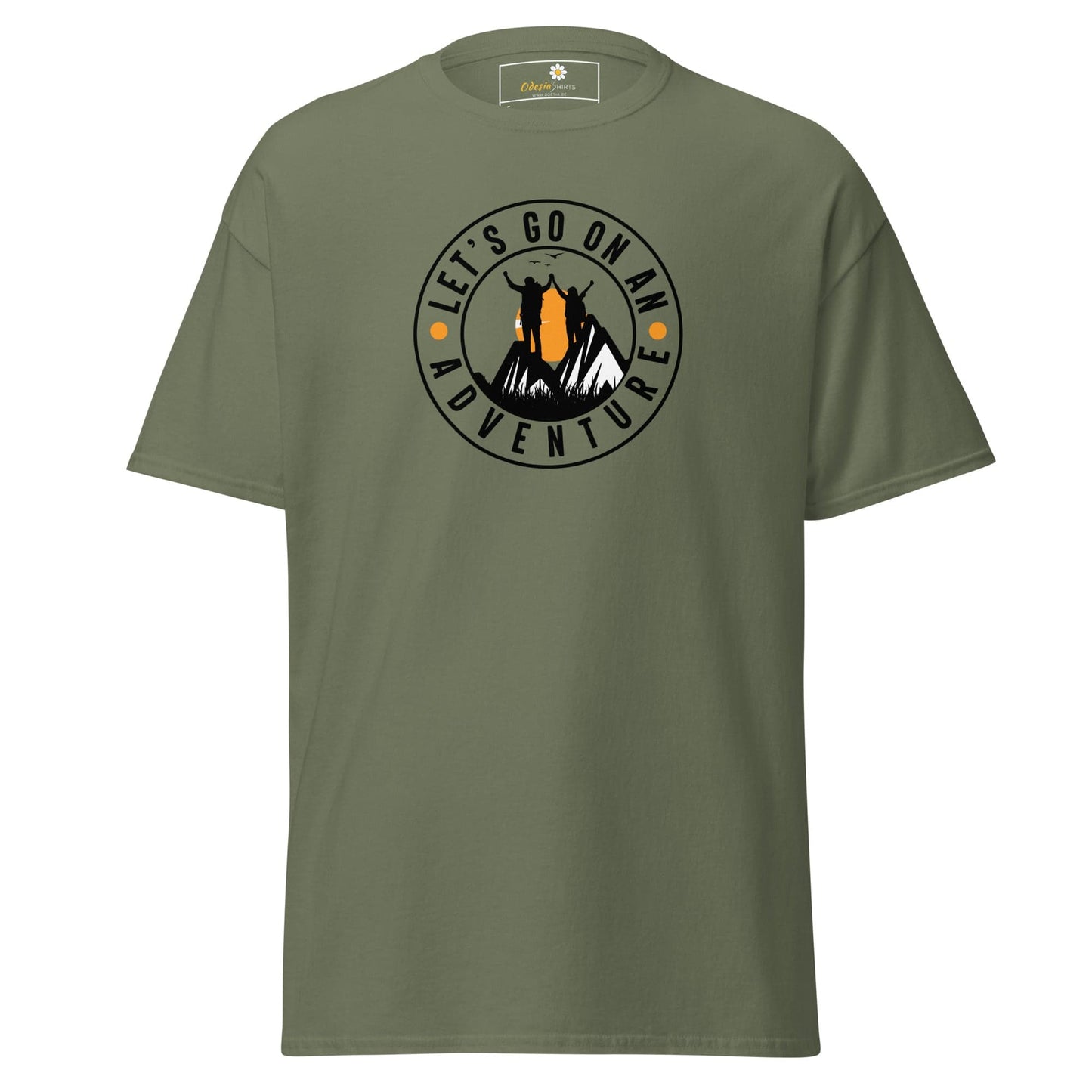 Olive green T-shirt with adventure graphic for men and women in size S to XL