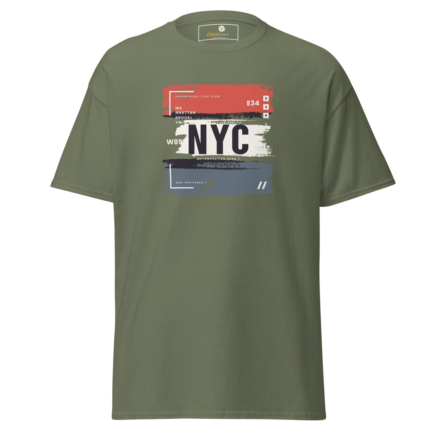 Olive green NYC graphic tee for men and women in S to XL sizes displayed