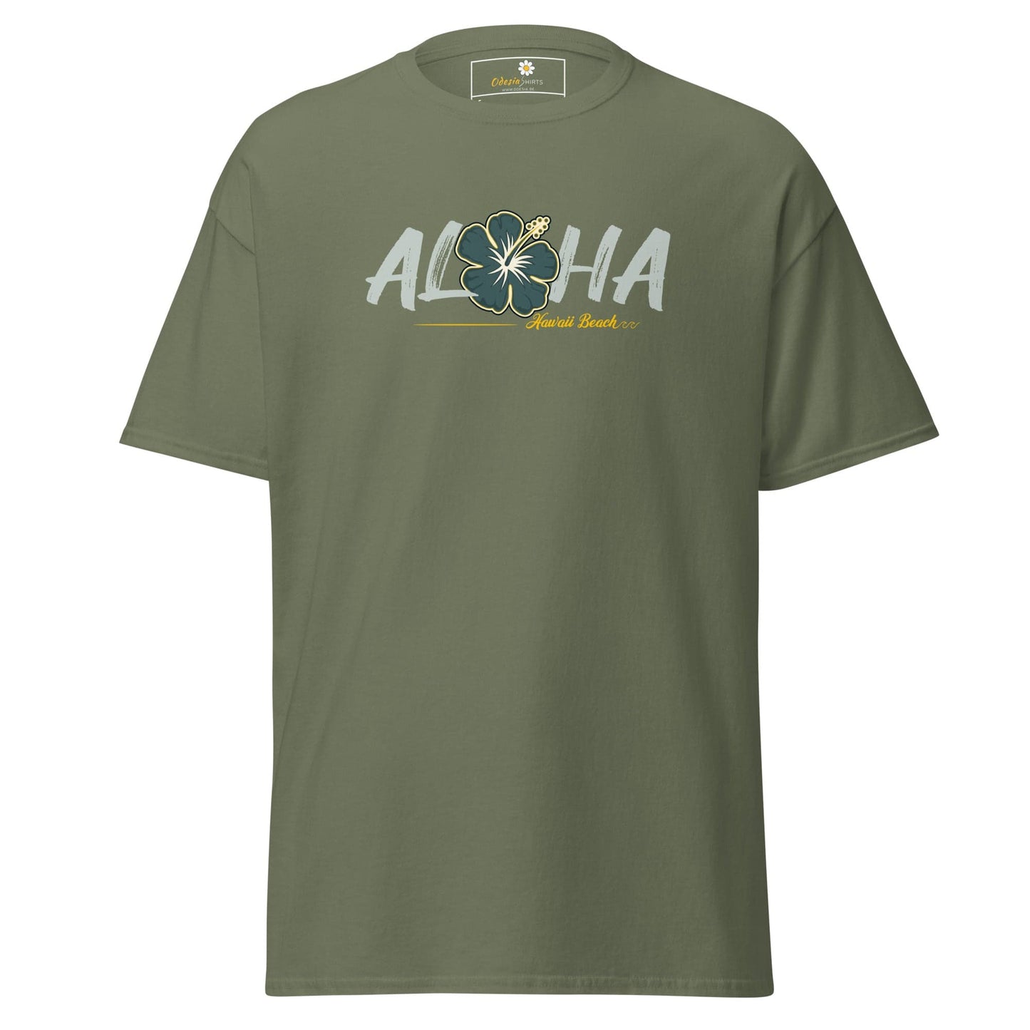 Olive green T-shirt with Aloha graphic, suitable for men and women, available in sizes S to XL