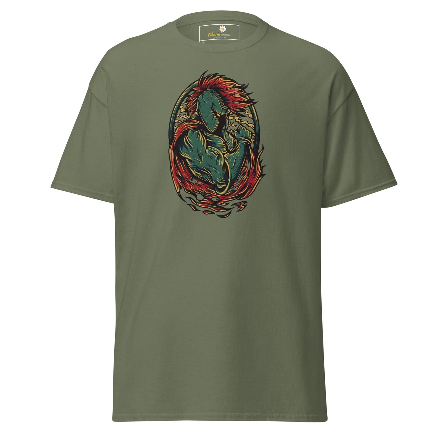 Olive green T-shirt with warrior graphic for men and women in sizes S to XL