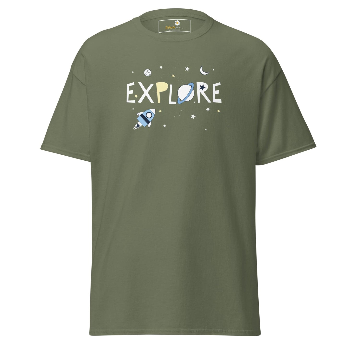 Olive green T-shirt with space-themed graphic, suitable for men and women sizes S to XL