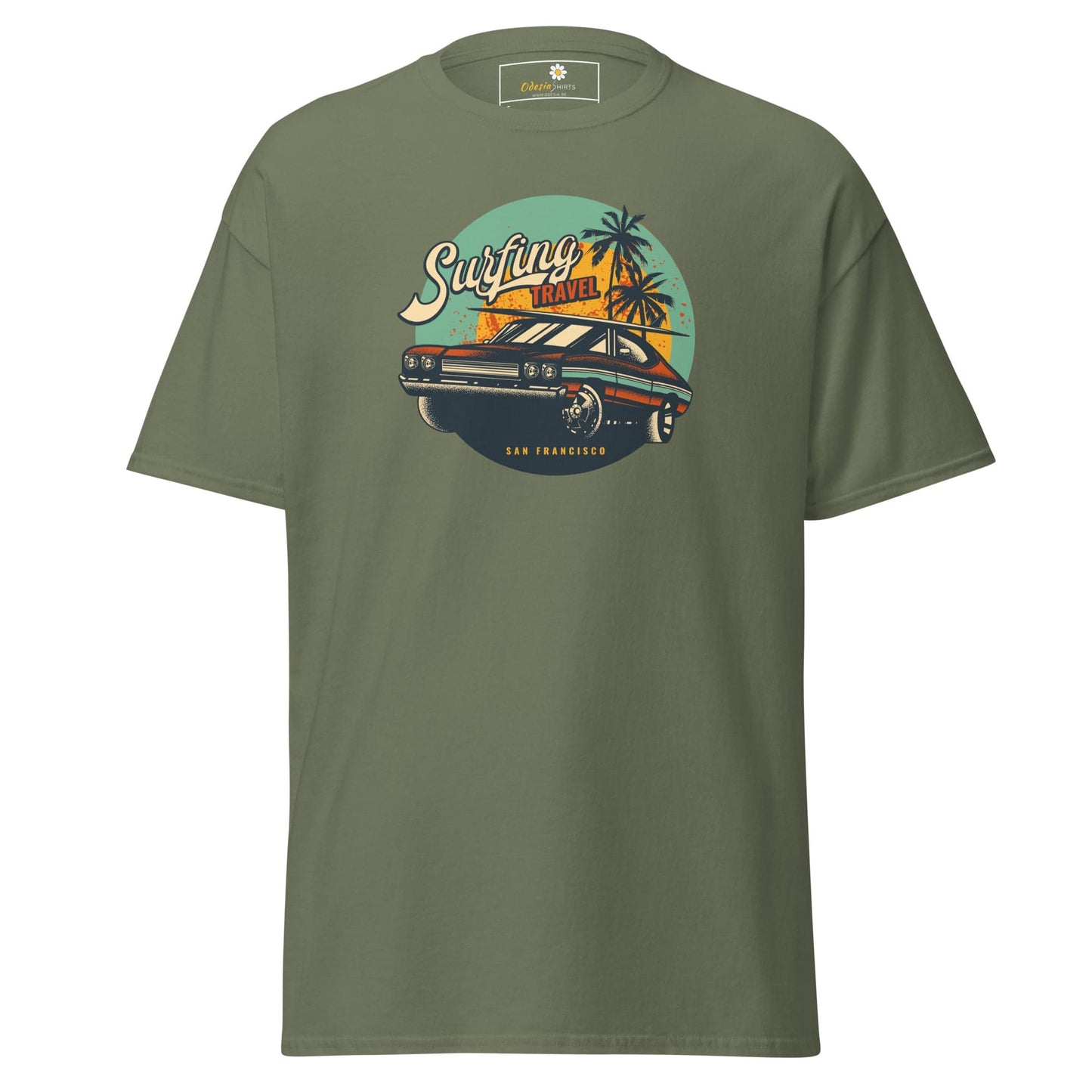 Olive green T-shirt with car graphic for men and women, available in sizes S to XL