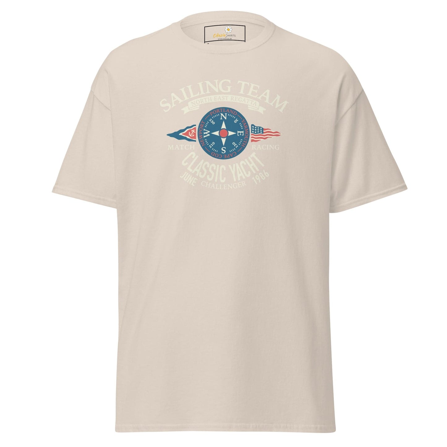Beige T-shirt featuring a nautical graphic, suitable for men and women, available in sizes S to XL