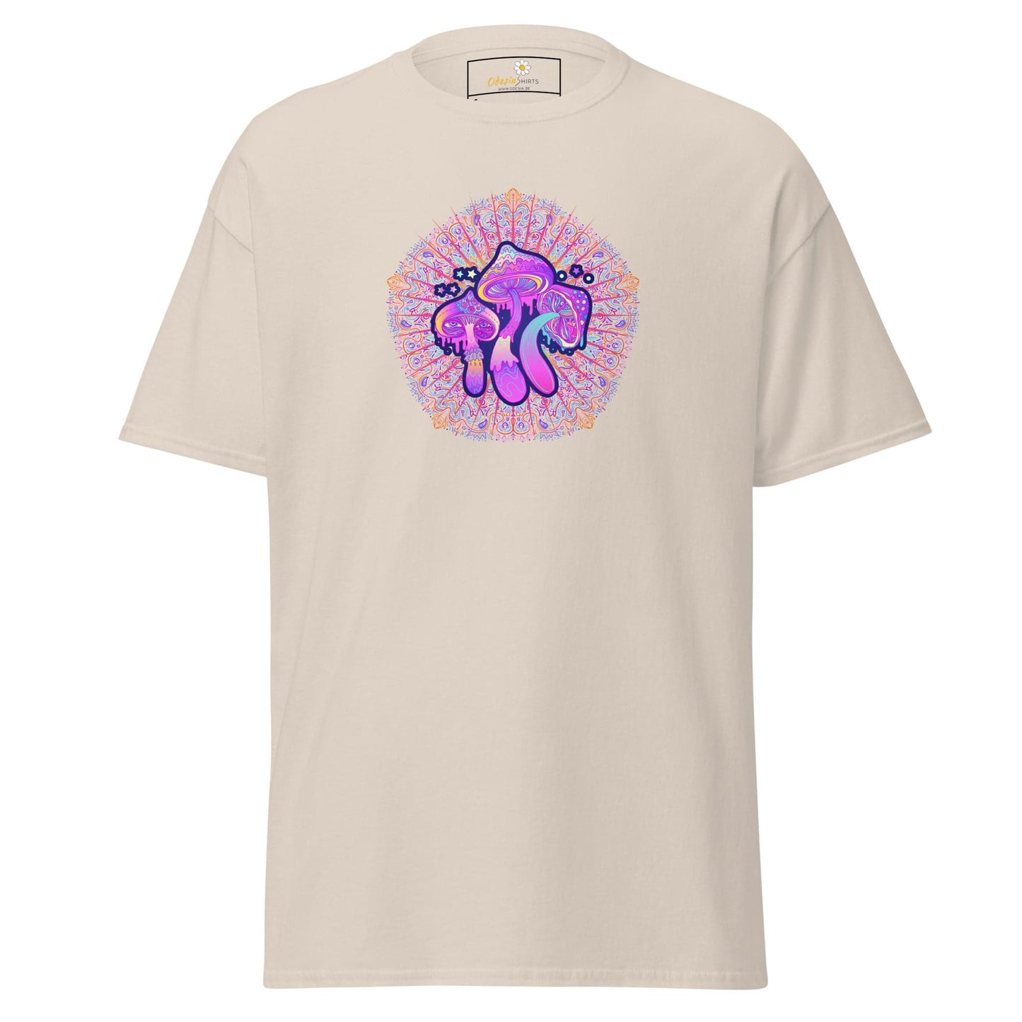 Beige T-shirt with mushroom graphic from T-SHIRT DESIGN TEE for men and women available in sizes S to XL