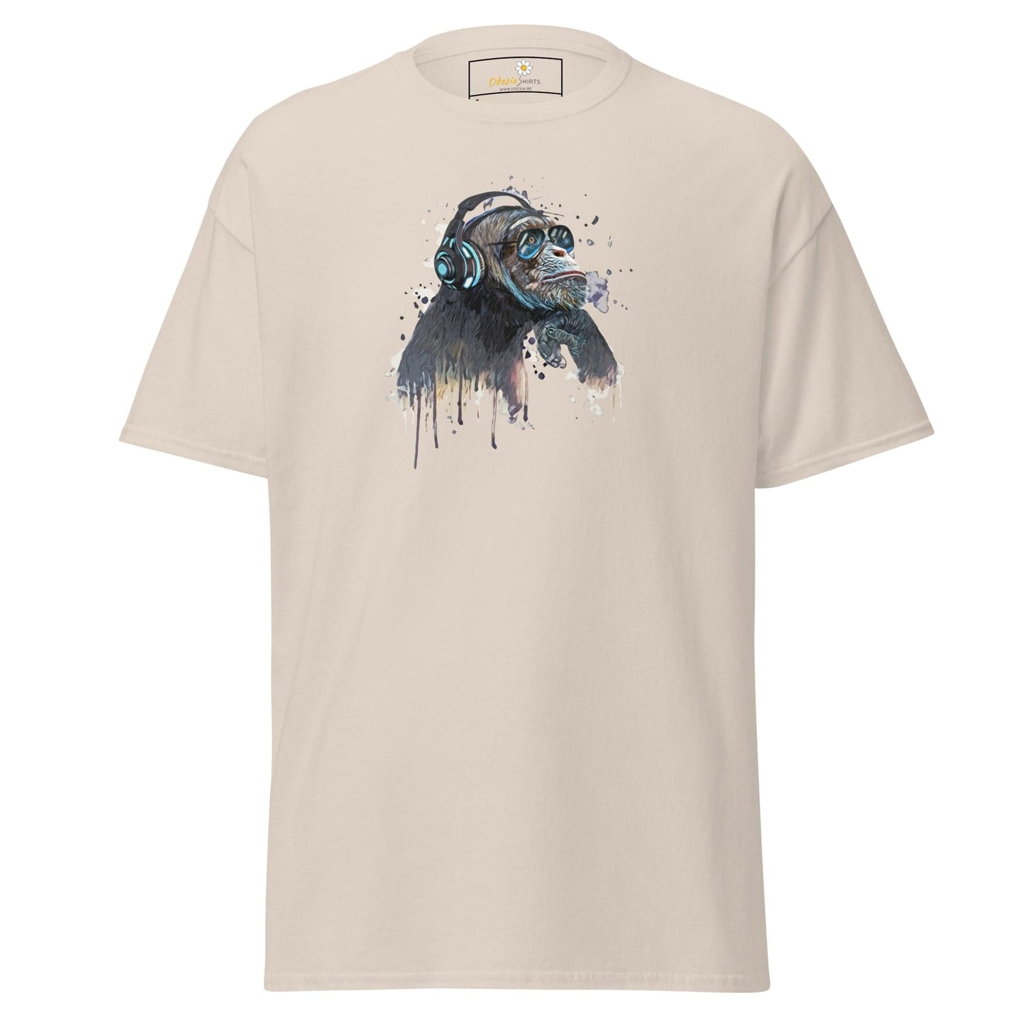 Beige T-shirt with chimpanzee graphic for men and women, available in sizes S to XL