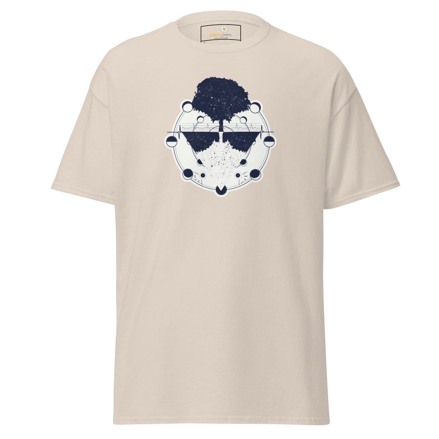 Beige T-shirt with tree and moon phases design for men and women in sizes S to XL