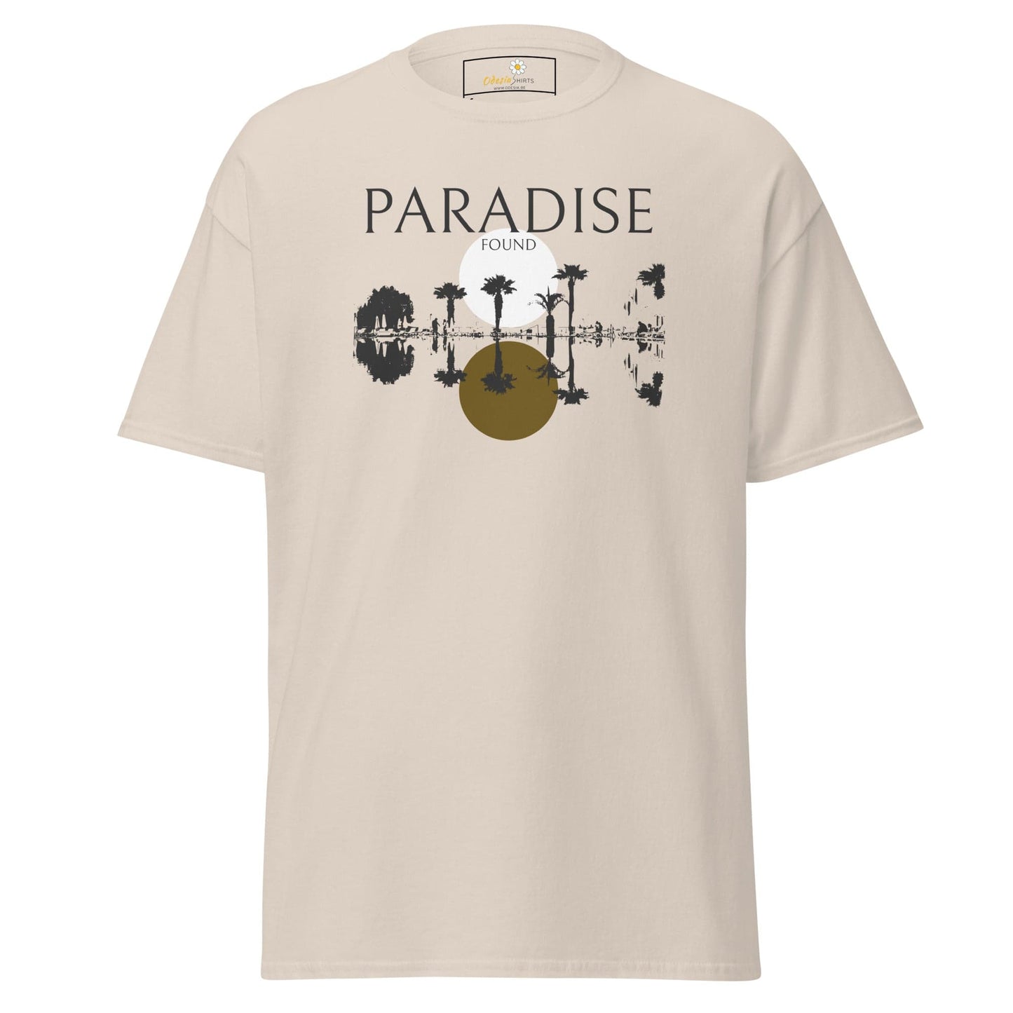 Beige T-shirt featuring a tropical graphic, suitable for men and women, available in sizes S to XL