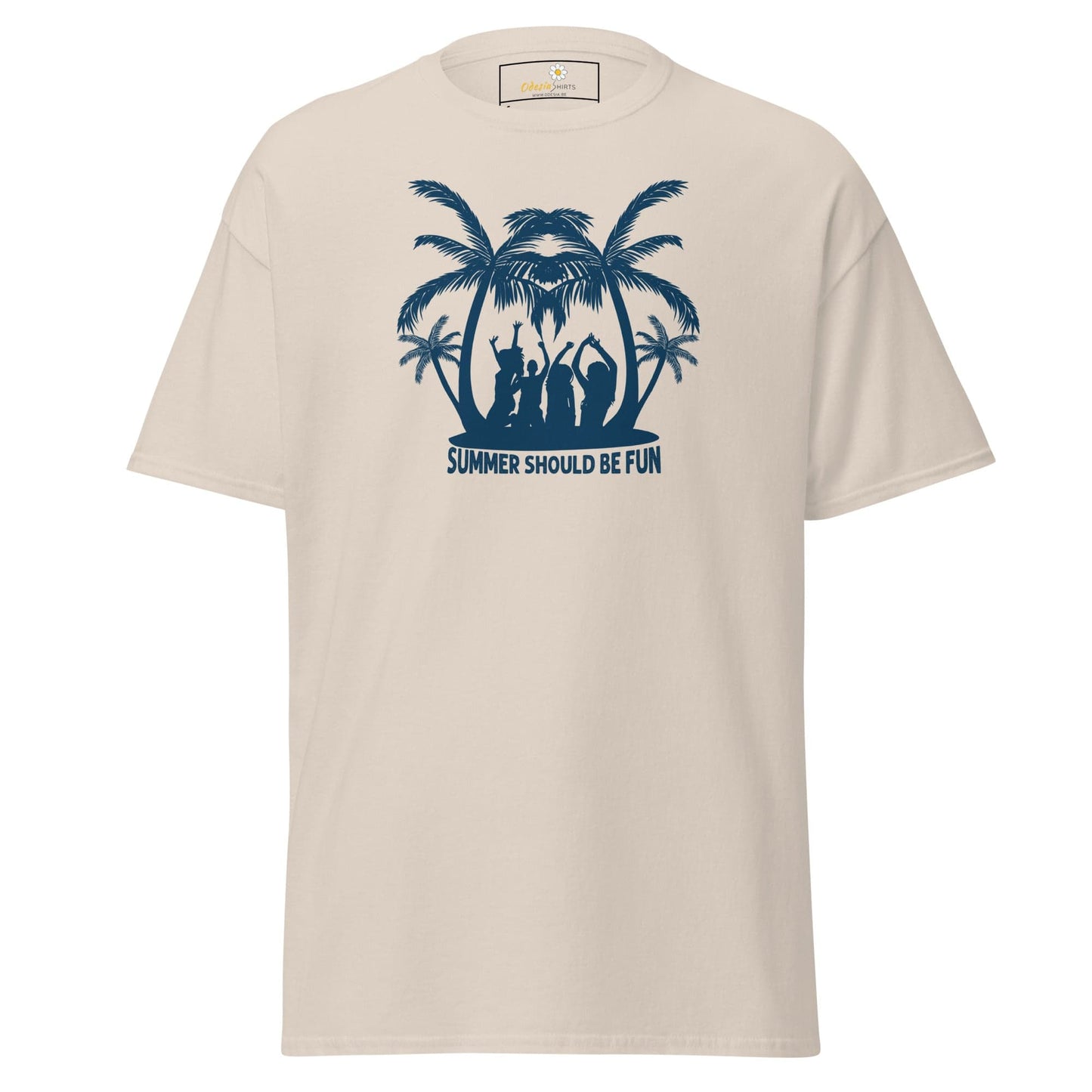 Beige T-shirt with palm tree graphic for men and women, available in sizes S to XL
