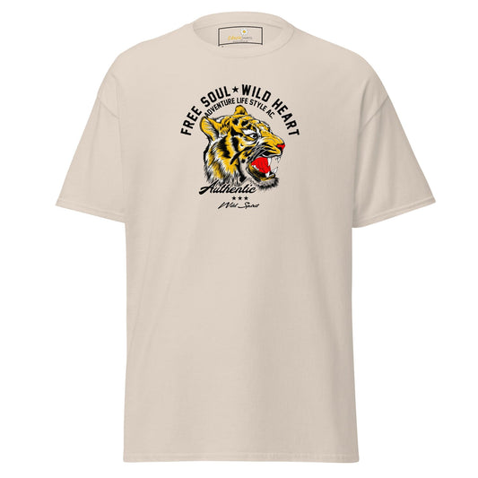 Beige T-shirt with tiger graphic for men and women available in sizes S to XL