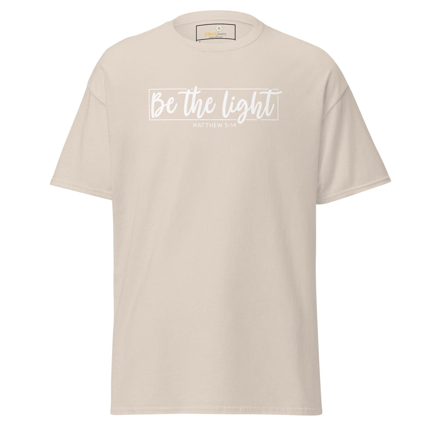 Beige T-shirt with Be the Light text, available in S to XL for men and women