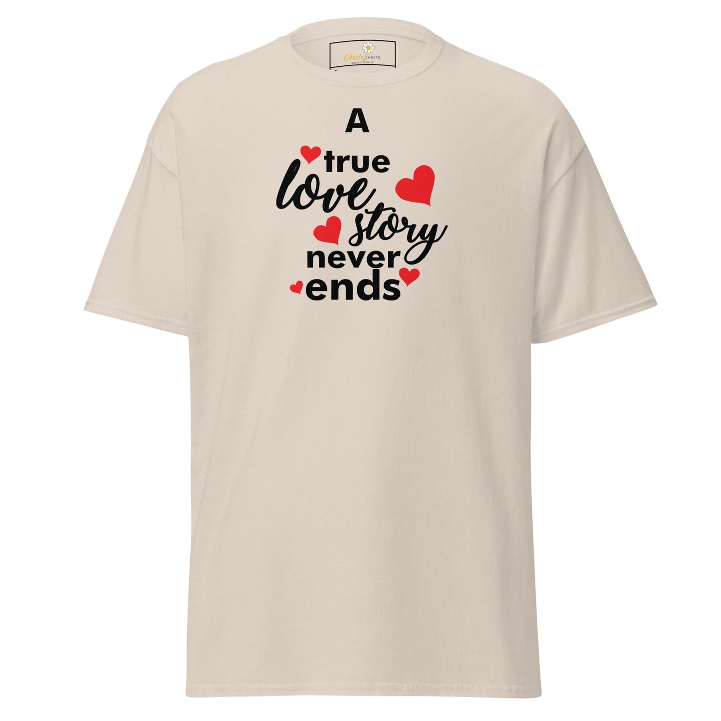 Beige T-shirt with love-themed graphic available in S to XL for men and women