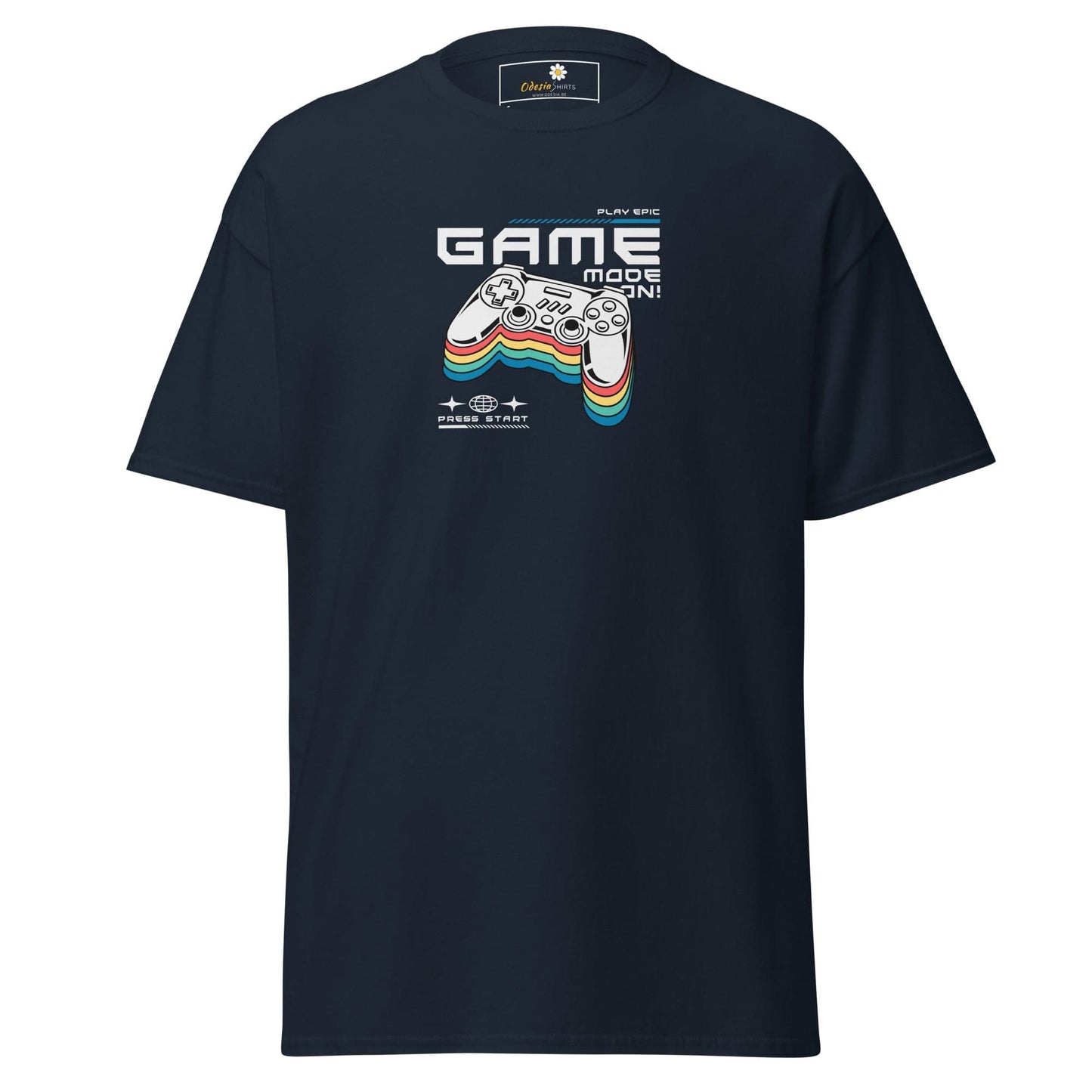 Navy blue t-shirt featuring gaming controller graphic for men and women in sizes S to XL