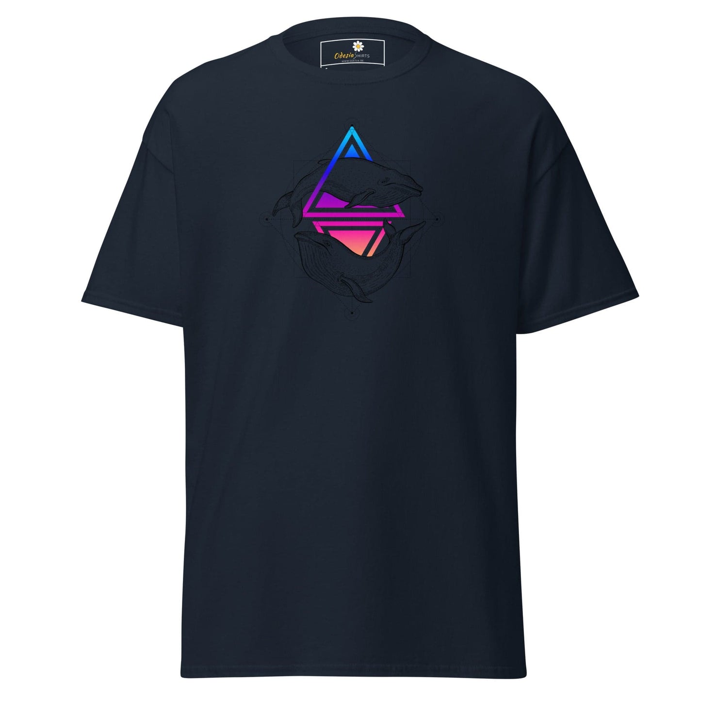 Navy blue t-shirt with colorful geometric design for men and women in sizes S to XL