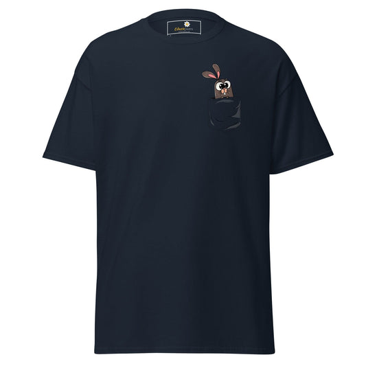 Navy blue T-shirt with cartoon bunny in pocket for men and women, available in size S to XL