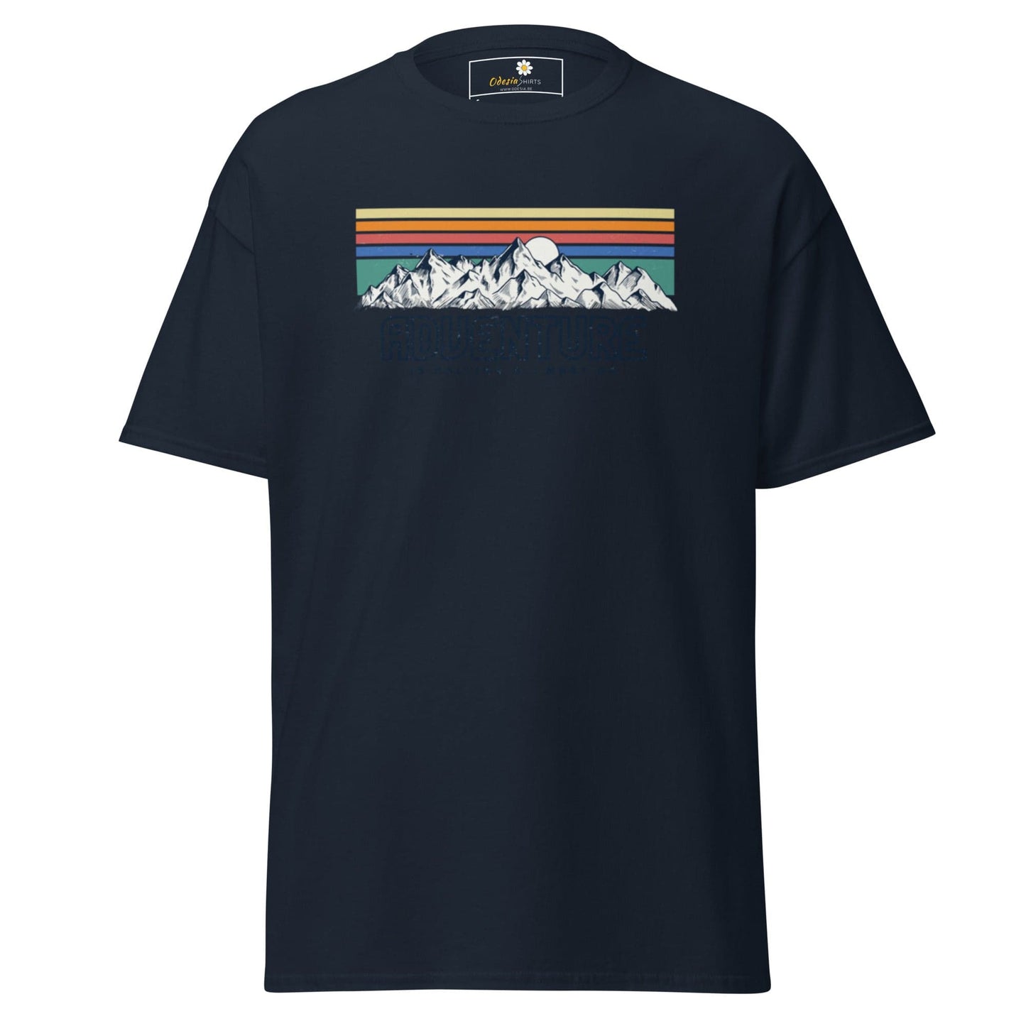 Navy blue T-shirt with mountain graphic displayed in T-SHIRT DESIGN TEE for men and women