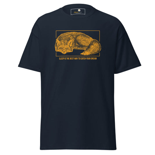 Navy blue T-shirt with fox graphic for men and women in sizes S to XL displayed