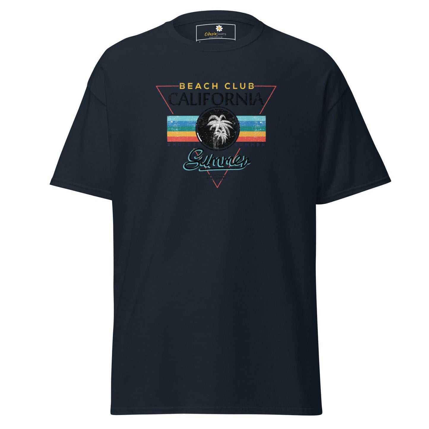 Navy blue T-shirt featuring a beach club design for men and women in S to XL sizes