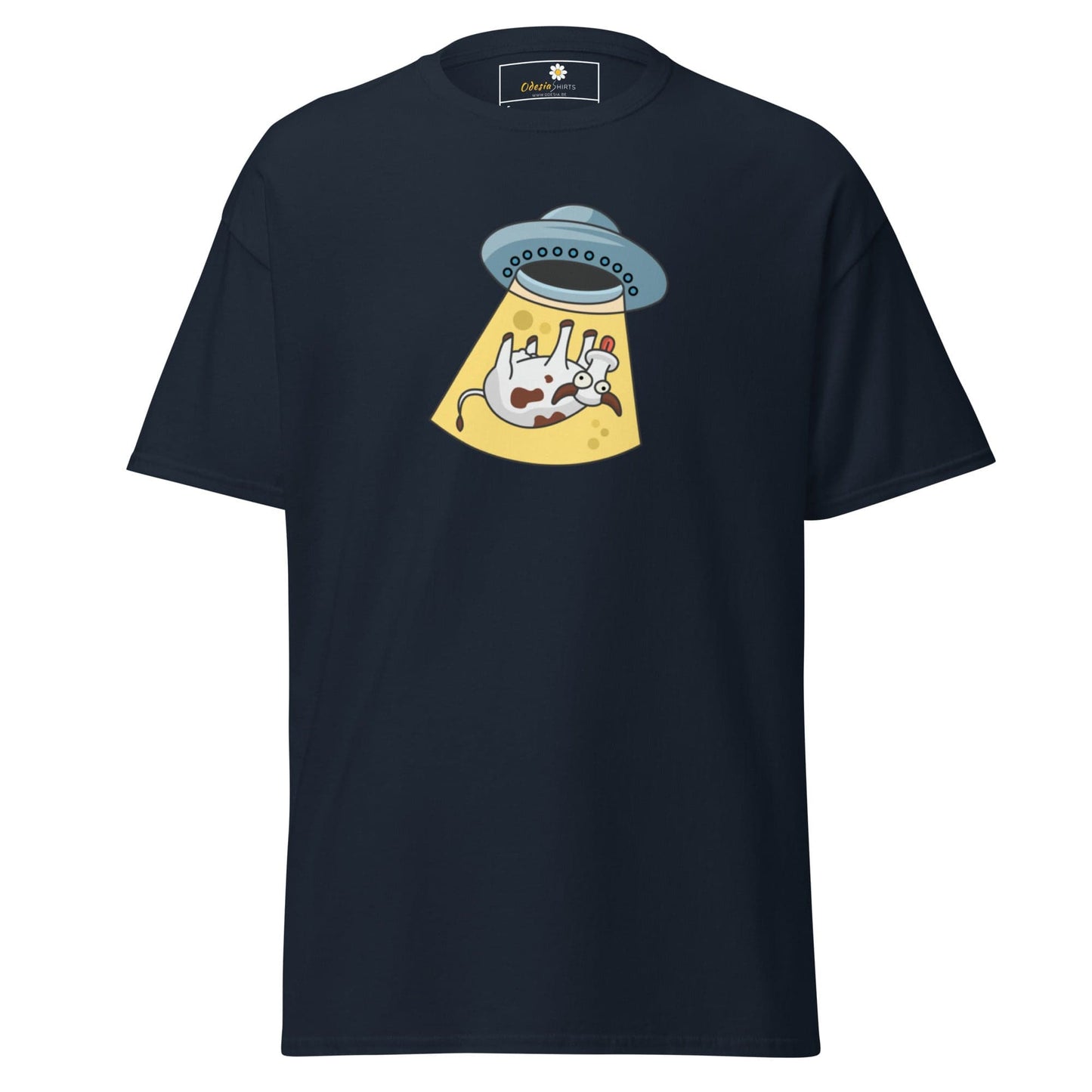 Navy blue T-shirt with Alien Abduction graphic for men and women, available in sizes S to XL