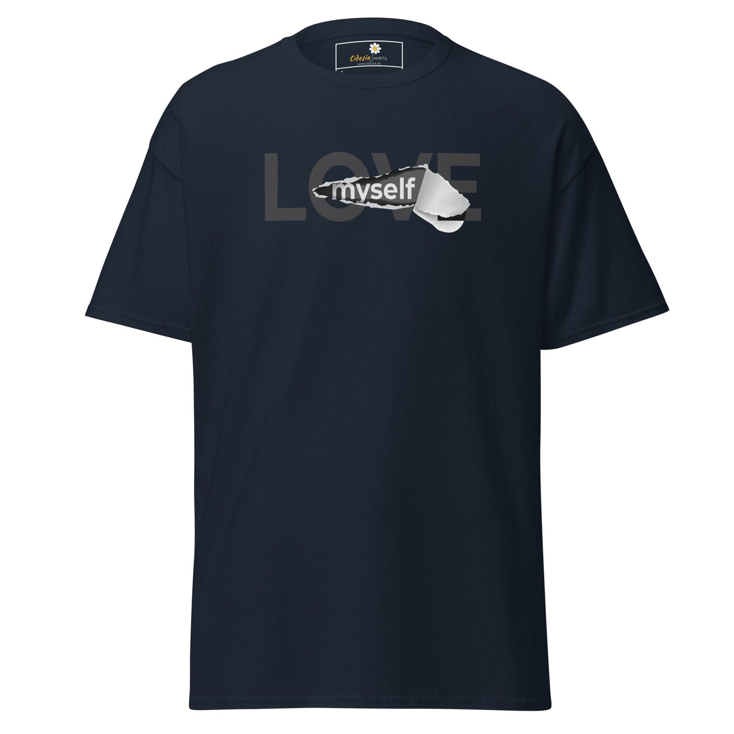 Navy blue T-shirt with Love Myself graphic, suitable for men and women sizes S to XL