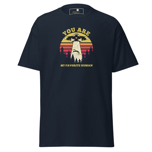 Navy blue T-shirt featuring an alien abduction graphic for men and women in sizes S to XL