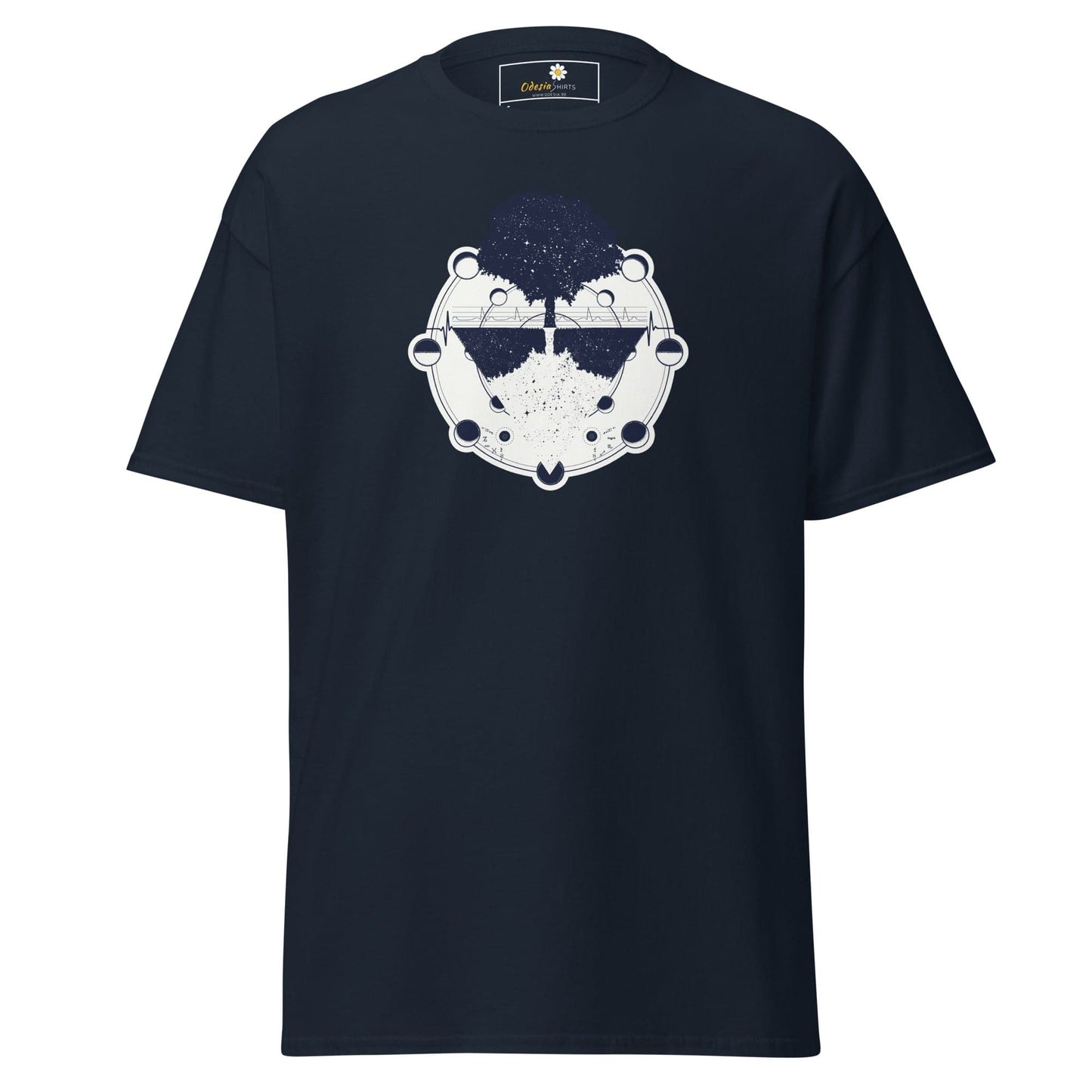 Navy blue T-shirt with tree and moon phases graphic available in S to XL sizes