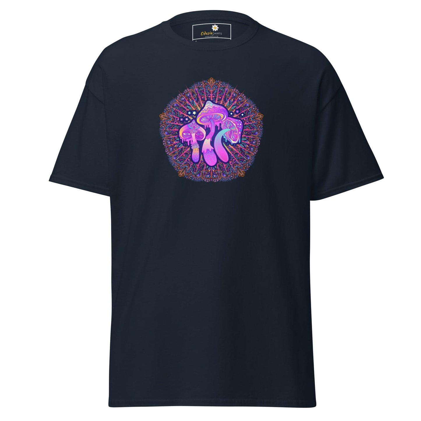 Navy blue T-shirt with mushroom design for men and women in sizes S to XL