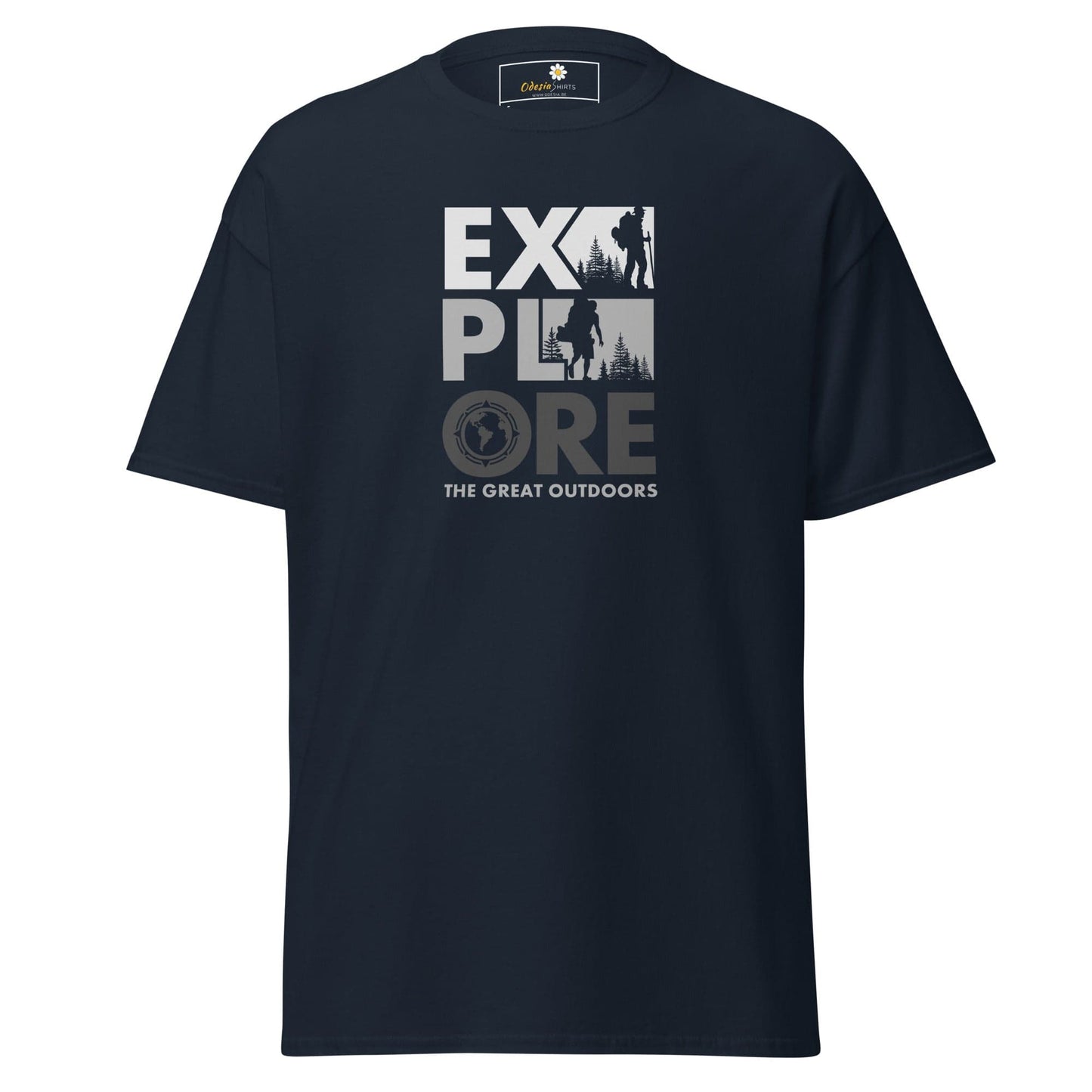 Navy blue T-shirt with Explore graphic for men and women in sizes S to XL